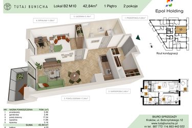 Rzut - Mieszkanie na sprzedaż 2 pokoje o powierzchni 42,84 m² - numer B2.M10 w Tutaj Bunscha