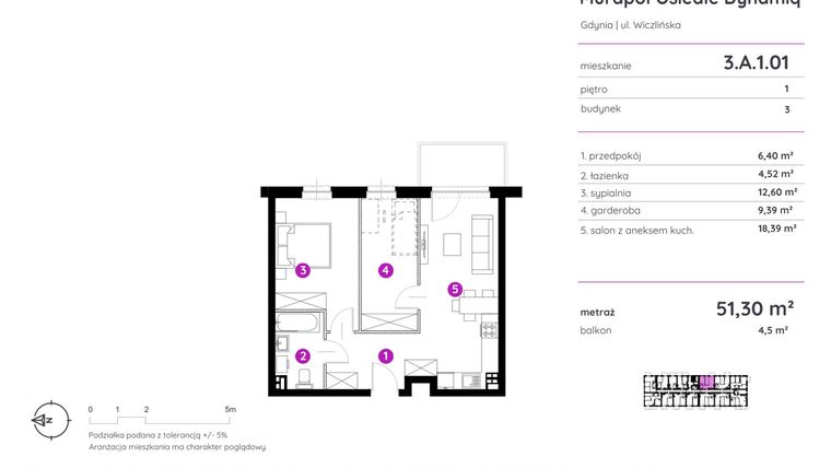Rzut - Mieszkanie na sprzedaż 2 pokoje o powierzchni 51,3 m² - numer 3.A.1.01 w Murapol Osiedle Dynamiq