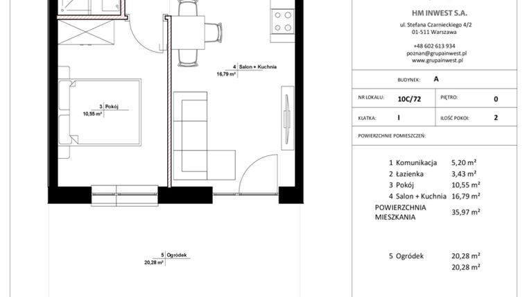 Rzut - Mieszkanie na sprzedaż 2 pokoje o powierzchni 35,97 m² - numer 10C/72 w Jasielska 8C etap II