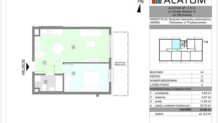 Rzut - Mieszkanie na sprzedaż 2 pokoje o powierzchni 41,68 m² - numer A1.23 w Wawer Go 2.0
