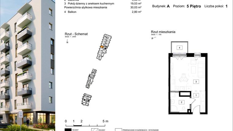 Rzut - Mieszkanie na sprzedaż 1 pokój o powierzchni 30,03 m² - numer A.73 w Osiedle Kochanowskiego - Gliwice