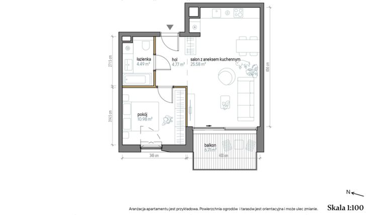 Rzut - Mieszkanie na sprzedaż 2 pokoje o powierzchni 45,82 m² - numer A/2/4 w Kopernika 71
