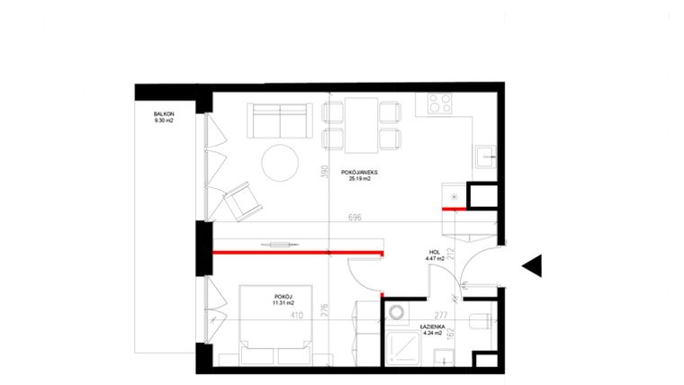 Rzut - Mieszkanie na sprzedaż 2 pokoje o powierzchni 45,21 m² - numer F.5.1 w INSPIRE ETAP V – bud. F, G