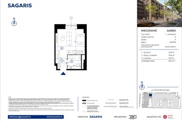 Rzut - Mieszkanie na sprzedaż 1 pokój o powierzchni 28,72 m² - numer AA0003 w Niedziałkowskiego Park