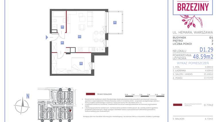 Rzut - Mieszkanie na sprzedaż 2 pokoje o powierzchni 48,59 m² - numer D1.29 w Miasteczko Brzeziny II