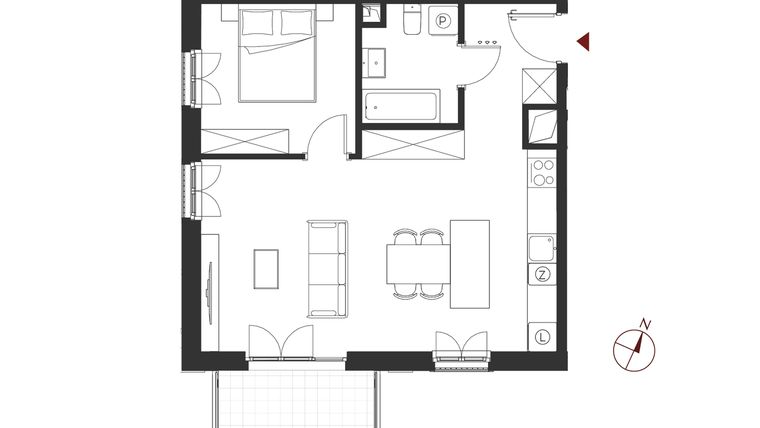 Rzut - Mieszkanie na sprzedaż 2 pokoje o powierzchni 49,69 m² - numer B.1.11 w Apartamenty Symfonia