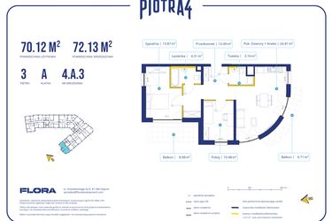 Rzut - Mieszkanie na sprzedaż 3 pokoje o powierzchni 70,12 m² - numer 4A3 w Piotra 4