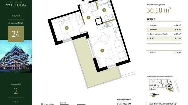 Rzut - Mieszkanie na sprzedaż 2 pokoje o powierzchni 36,58 m² - numer 24 w Rezydencja Świerkowa