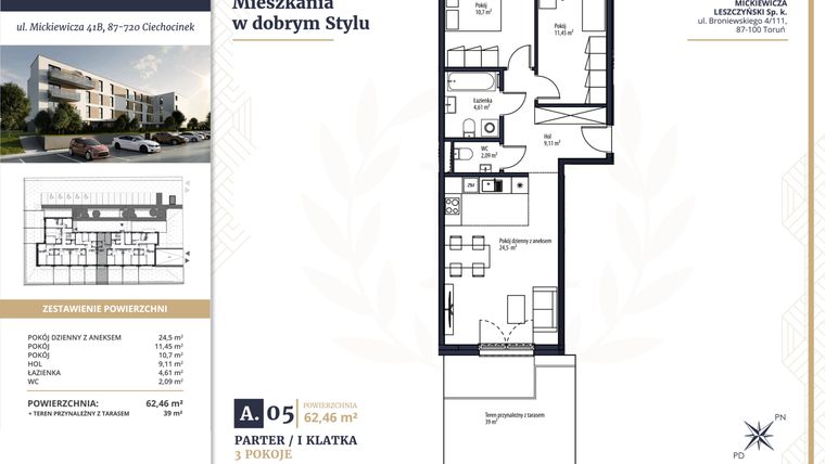 Rzut - Mieszkanie na sprzedaż 3 pokoje o powierzchni 62,46 m² - numer A5 w Mickiewicza