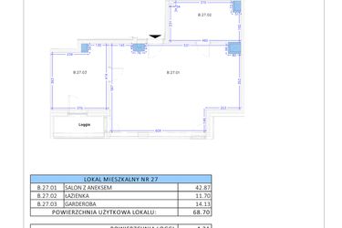 Rzut - Mieszkanie na sprzedaż 3 pokoje o powierzchni 68,7 m² - numer B.27 w Gaja Park