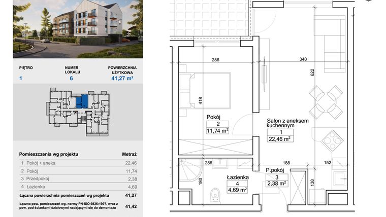 Rzut - Mieszkanie na sprzedaż 2 pokoje o powierzchni 41,27 m² - numer 6 w Balantia