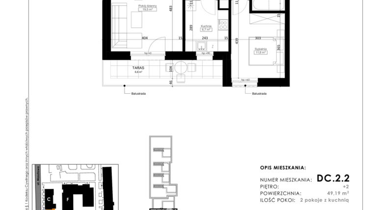 Rzut - Mieszkanie na sprzedaż 2 pokoje o powierzchni 49,15 m² - numer DC.2.2 w Nowy Folwark