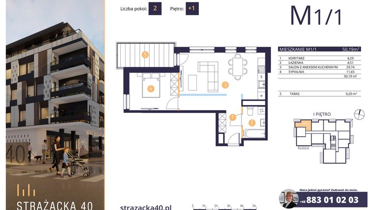Rzut - Mieszkanie na sprzedaż 2 pokoje o powierzchni 50,19 m² - numer M1.1 w Strażacka 40