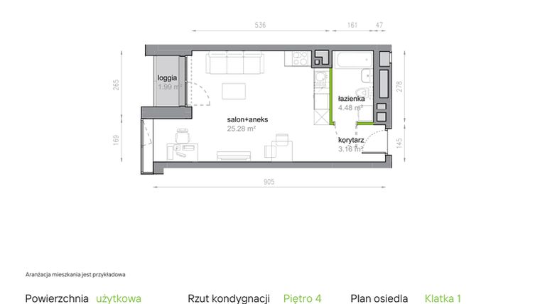 Rzut - Mieszkanie na sprzedaż 1 pokój o powierzchni 32,92 m² - numer K1/4/31 w Piękna Vita