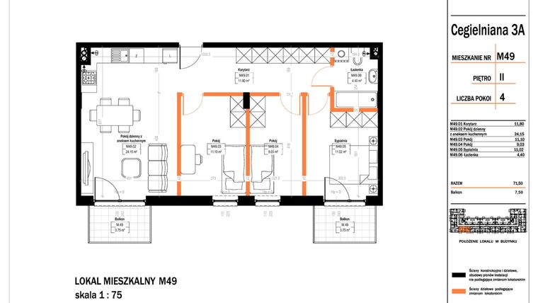 Rzut - Mieszkanie na sprzedaż 4 pokoje o powierzchni 71,5 m² - numer 49 w Osiedle StaLove etap II