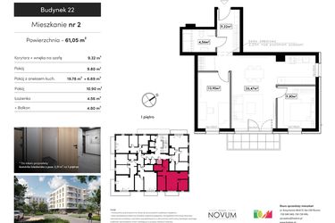 Rzut - Mieszkanie na sprzedaż 3 pokoje o powierzchni 61,05 m² - numer B22.M2 w Novum Rumia - bud. 22