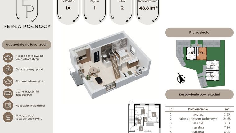 Rzut - Mieszkanie na sprzedaż 3 pokoje o powierzchni 74,74 m² - numer 2 w Perła Północy etap 1
