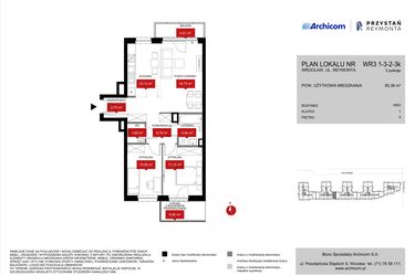Rzut - Mieszkanie na sprzedaż 3 pokoje o powierzchni 65,36 m² - numer WR3 1/3/2/3k w Przystań Reymonta etap II