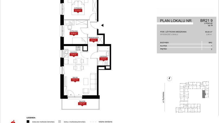 Rzut - Mieszkanie na sprzedaż 3 pokoje o powierzchni 60,93 m² - numer BR21/9 w Browary Wrocławskie 2