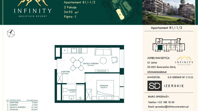 Rzut - Mieszkanie na sprzedaż 2 pokoje o powierzchni 34,95 m² - numer B1/-1/2 w Infinity Mountain Resort etap 2