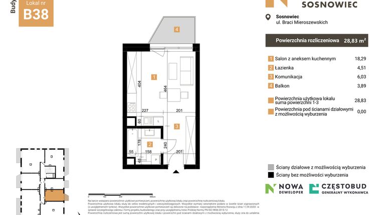 Rzut - Mieszkanie na sprzedaż 1 pokój o powierzchni 28,83 m² - numer B38 w Nowy Sosnowiec