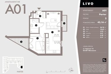 Rzut - Mieszkanie na sprzedaż 2 pokoje o powierzchni 45,16 m² - numer A01 w Livo