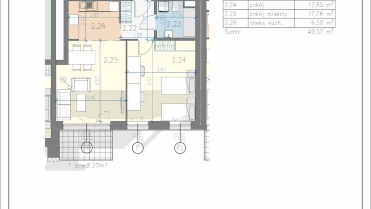 Rzut - Mieszkanie na sprzedaż 2 pokoje o powierzchni 49,57 m² - numer 12 w Residence Przewóz 41