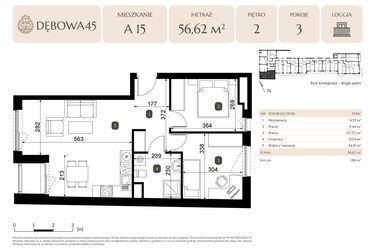 Rzut - Mieszkanie na sprzedaż 3 pokoje o powierzchni 56,62 m² - numer A.15 w Dębowa 45
