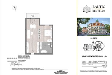 Rzut - Mieszkanie na sprzedaż 2 pokoje o powierzchni 54,34 m² - numer 1.09 w Baltic Luxury Residence
