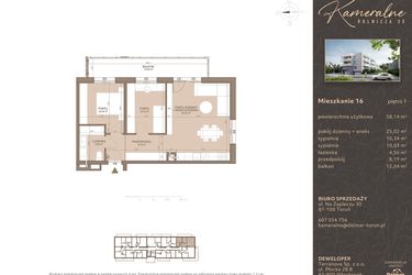 Rzut - Mieszkanie na sprzedaż 3 pokoje o powierzchni 58,14 m² - numer M-16 w Kameralne