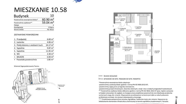 Rzut - Mieszkanie na sprzedaż 3 pokoje o powierzchni 59,04 m² - numer 10.58 w Osiedle Pastelowe etap IV