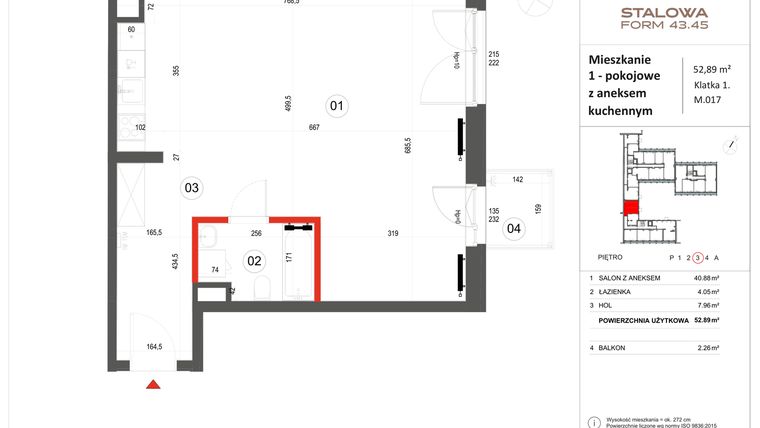 Rzut - Mieszkanie na sprzedaż 1 pokój o powierzchni 52,91 m² - numer 17 w Stalowa Form 43.45