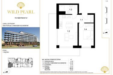 Rzut - Mieszkanie na sprzedaż 2 pokoje o powierzchni 40,23 m² - numer 1.1 w Wild Pearl - apartamenty inwestycyjne