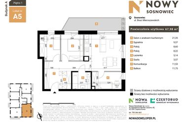 Rzut - Mieszkanie na sprzedaż 4 pokoje o powierzchni 67,98 m² - numer 5 w Nowy Sosnowiec