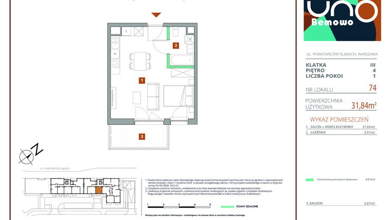 Rzut - Mieszkanie na sprzedaż 1 pokój o powierzchni 31,84 m² - numer 74 w UNO Bemowo