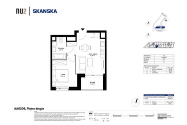 Rzut - Mieszkanie na sprzedaż 2 pokoje o powierzchni 34,24 m² - numer AA0206 w NU2 Warszawa Wola - apartamenty wykończone pod klucz
