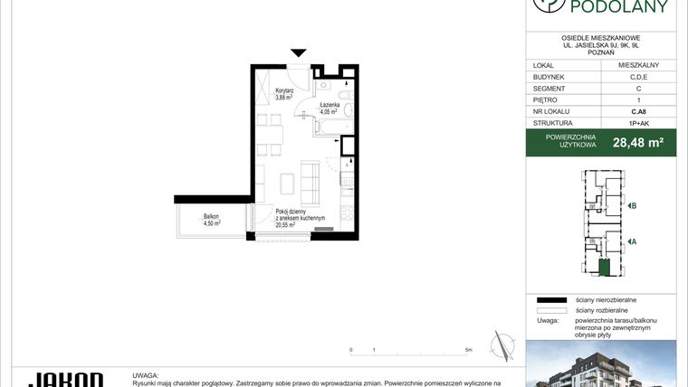 Rzut - Mieszkanie na sprzedaż 1 pokój o powierzchni 28,3 m² - numer C.A8 w Sielskie Podolany II
