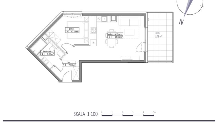 Rzut - Mieszkanie na sprzedaż 2 pokoje o powierzchni 43,99 m² - numer E2 w Apartamenty na Klifie bud. D, E i F
