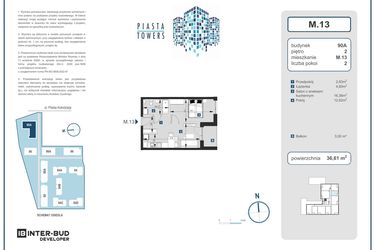 Rzut - Mieszkanie na sprzedaż 2 pokoje o powierzchni 36,61 m² - numer 13 w Piasta Towers bud. 90A