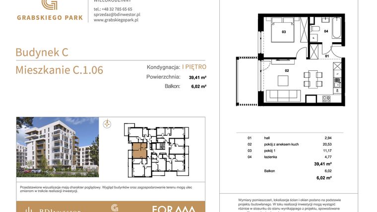 Rzut - Mieszkanie na sprzedaż 2 pokoje o powierzchni 39,41 m² - numer C.1.06 w Grabskiego Park