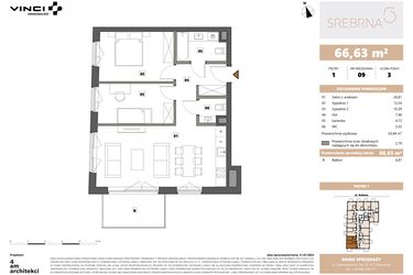 Rzut - Mieszkanie na sprzedaż 3 pokoje o powierzchni 66,63 m² - numer 9 w Srebrna 5
