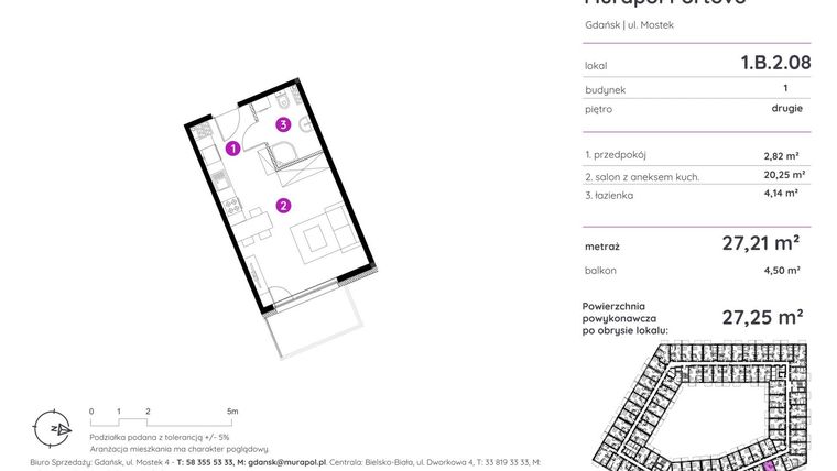 Rzut - Mieszkanie na sprzedaż 1 pokój o powierzchni 27,25 m² - numer 1.B.2.08 w Murapol Portovo etap II