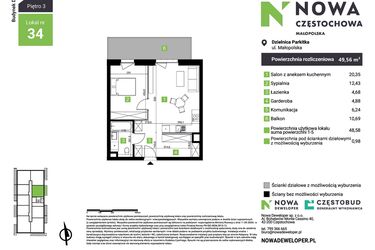 Rzut - Mieszkanie na sprzedaż 2 pokoje o powierzchni 49,56 m² - numer D34 w Nowa Częstochowa Małopolska etap II