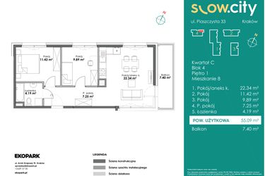 Rzut - Mieszkanie na sprzedaż 3 pokoje o powierzchni 55,09 m² - numer C4-8 w Slow City