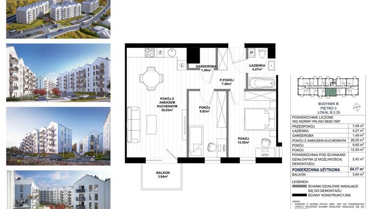 Rzut - Mieszkanie na sprzedaż 3 pokoje o powierzchni 64,17 m² - numer B.3.35 w Skandinavia