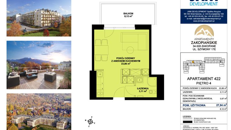 Rzut - Mieszkanie na sprzedaż 1 pokój o powierzchni 27,94 m² - numer 422 w Apartamenty Zakopiańskie