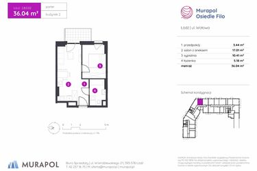 Rzut - Mieszkanie na sprzedaż 2 pokoje o powierzchni 36,04 m² - numer 2.B.0.02 w Murapol Osiedle Filo etap II