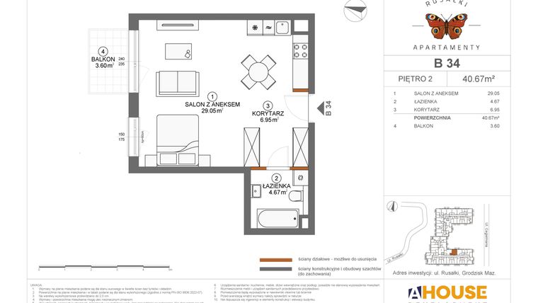 Rzut - Mieszkanie na sprzedaż 1 pokój o powierzchni 40,67 m² - numer B34 w Apartamenty Rusałki
