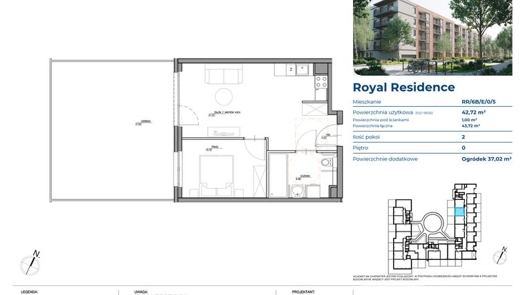 Rzut - Mieszkanie na sprzedaż 2 pokoje o powierzchni 42,74 m² - numer RR/6B/E/0/5 w Royal Residence 6B