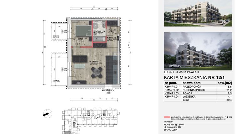 Rzut - Mieszkanie na sprzedaż 2 pokoje o powierzchni 44,25 m² - numer 12_1 w Apartamenty Kochanowskiego